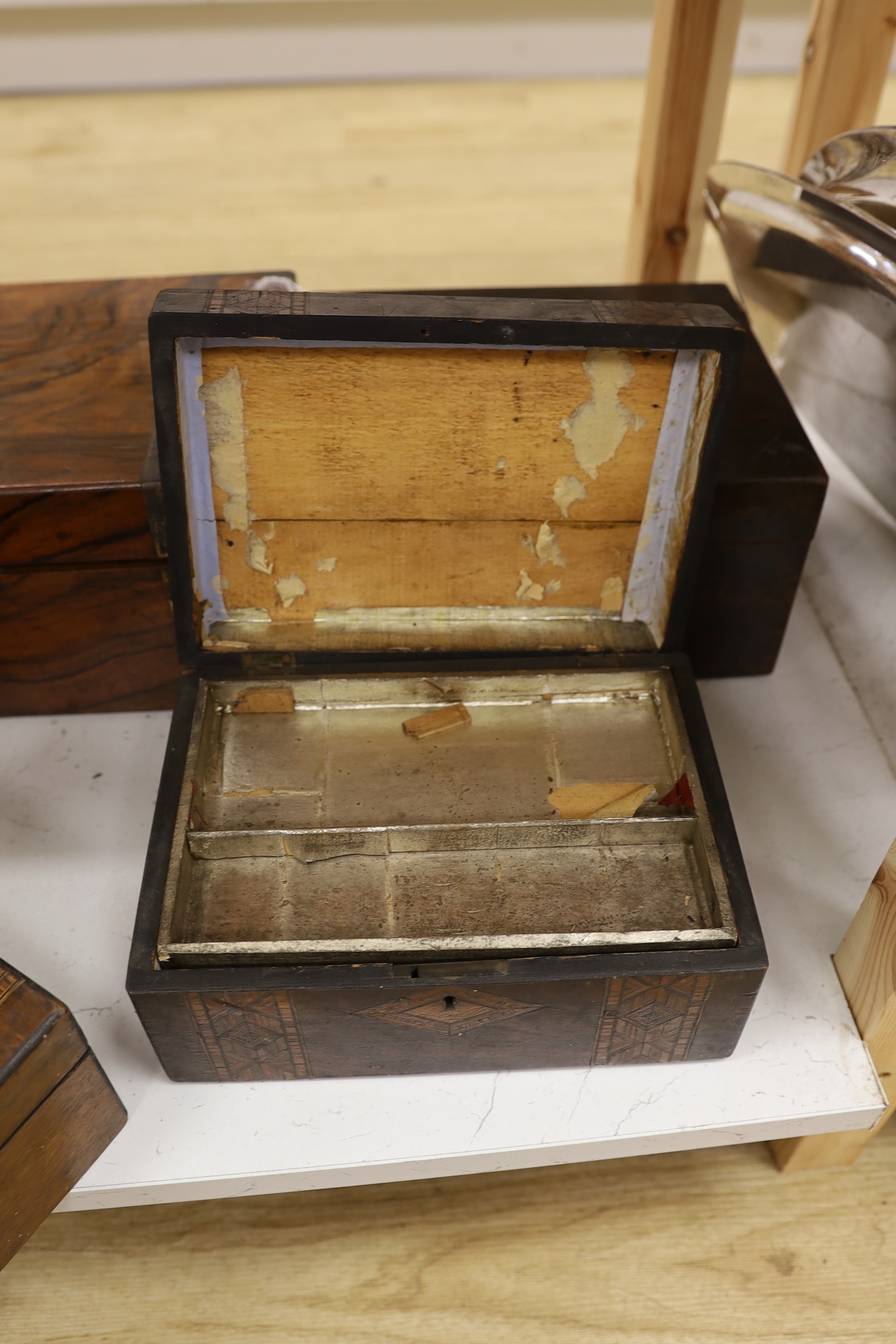 A Victorian rosewood writing slope, a similar smaller one and two boxes